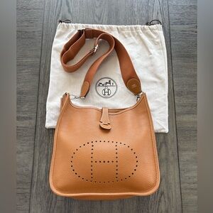 Hermes Crossbody Medium Orange Brown Tan Leather Shoulder Bag w/ dustbag bundle